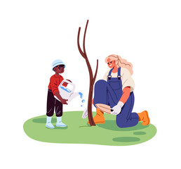 Fototapeta premium Family takes care of plants in garden, park together. Happy mother and kid are watering tree sapling. Cute black child helps his mom farming, landscaping. Flat isolated vector illustration on white
