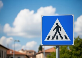 Pedestrian crossing sign with blue background and cloudy sky