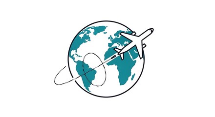 Simple line art illustration of an airplane flying around the globe, symbolizing international travel, aviation, and worldwide journey, isolated on white background