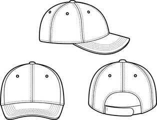 Technical cad drawing flat vector illustration of baseball cap front, side and back views showing stitching details, panel structure, and adjustable strap