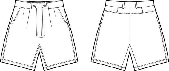 Classic shorts CAD drawing flat vector illustration showcasing front and back technical fashion design details, garment construction, stitching, and style lines