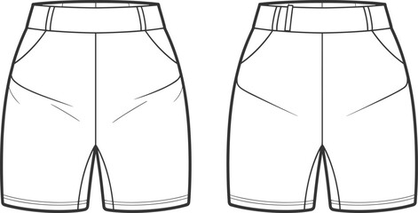 CAD drawing flat vector illustration of fitted shorts showing front and back technical views for fashion design, garment construction, and apparel development.