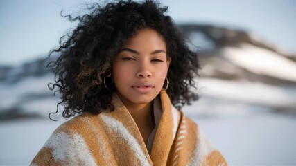 Fashion influencer presenting winter clothing line made of biodegradable textiles, snow-covered hills in background — representing sustainable branding, ethical production, and modern eco-conscious