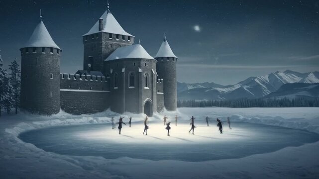 Winter night skate at a snowy castle