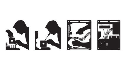 Set of electronics assembly icons silhouette vector illustration of a person working on circuit boards isolated on white background