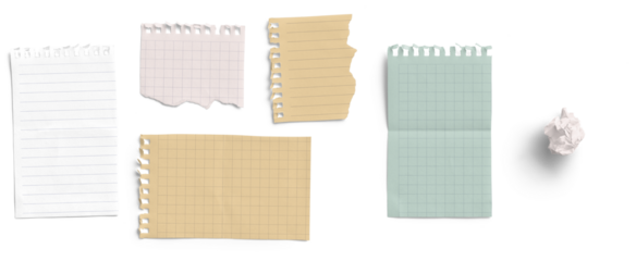 Assorted Torn Note Pages and Crumpled Paper Ball