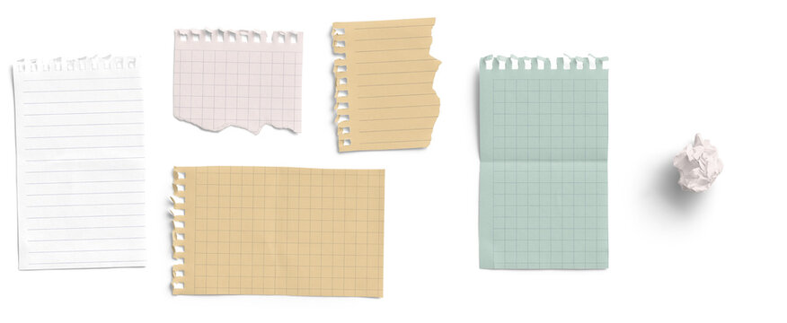 Assorted Torn Note Pages and Crumpled Paper Ball