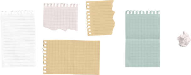 Assorted Torn Note Pages and Crumpled Paper Ball isolated on transparent background