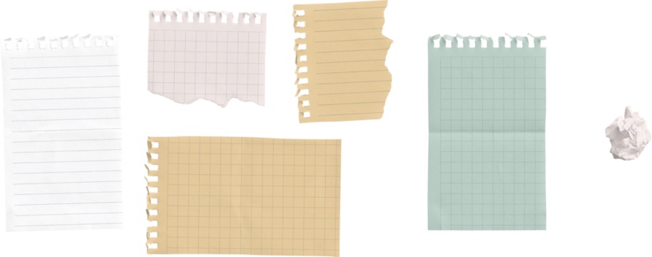 Assorted Torn Note Pages and Crumpled Paper Ball isolated on transparent background