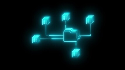 neon document management system icon connecting multiple files and folders. folder and document icons connected. diagram illustrating a central folder connected icon to multiple stacks of documents.