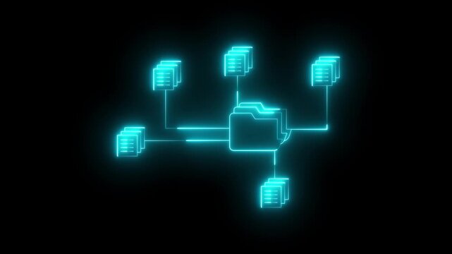 neon document management system icon connecting multiple files and folders. folder and document icons connected. diagram illustrating a central folder connected icon to multiple stacks of documents.