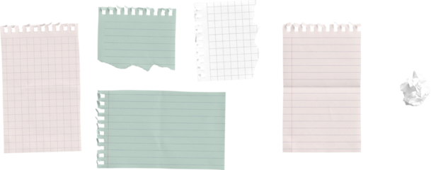 Torn Pastel Note Papers and Crumpled Scrap on White isolated on transparent background