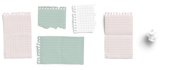 Torn Pastel Note Papers and Crumpled Scrap on White