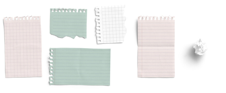 Torn Pastel Note Papers and Crumpled Scrap on White