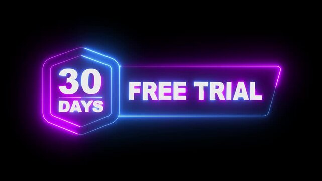 glowing neon 30 Days Free Trial Banner icon animation on black background. 30 days free trial label icon badge. 30 days free trial icon animation. Business products 30 days free trial offer video.