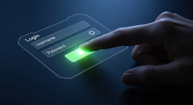 A hand interacts with a glowing digital login interface, highlighting the username, password fields, and a bright green login button, symbolizing secure access and data protection in the digital world
