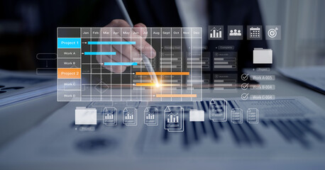 Digital visualization of multiple project timelines with progress tracking, documents, and team...
