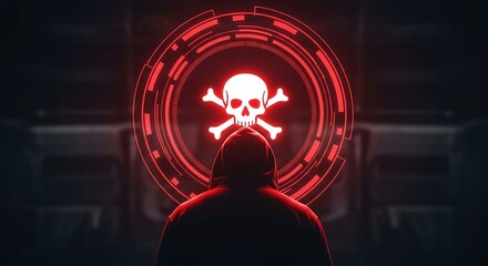 Persons silhouette facing a glowing red skull and crossbones symbol within a futuristic digital interface, representing cyber threat, hacking, and digital danger