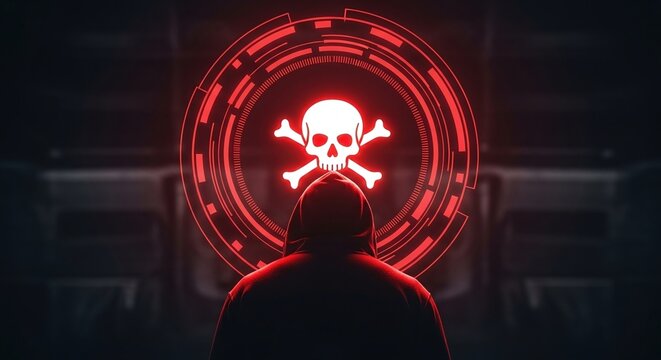 Persons silhouette facing a glowing red skull and crossbones symbol within a futuristic digital interface, representing cyber threat, hacking, and digital danger