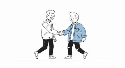 Handshake between two young men in black and white drawing, friends shake hands in simple line art style. Two guys shake hands illustrating agreement, partnership, or greeting.