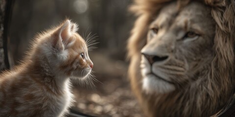 Obraz premium Cute Kitten Gazing at Mirror with Regal Lion Reflection