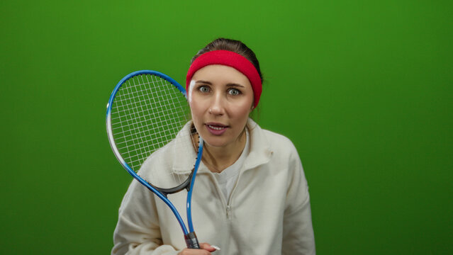 Young woman holding tennis racket looking surprised against isolated green background wall in studio setting showcasing sports and emotion.