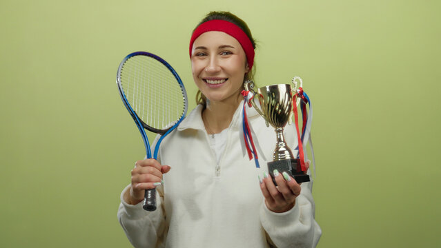 Young woman holding tennis racket and trophy smiling confidently against isolated yellow background showcasing athletic achievement and joy.