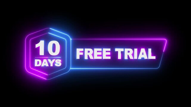 glowing neon 10 Days Free Trial Banner icon animation on black background. 10 days free trial label icon badge. 10 days free trial icon animation. Business products 10 days free trial offer video.