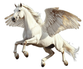 Majestic flying white pegasus with spread wings in mid - flight