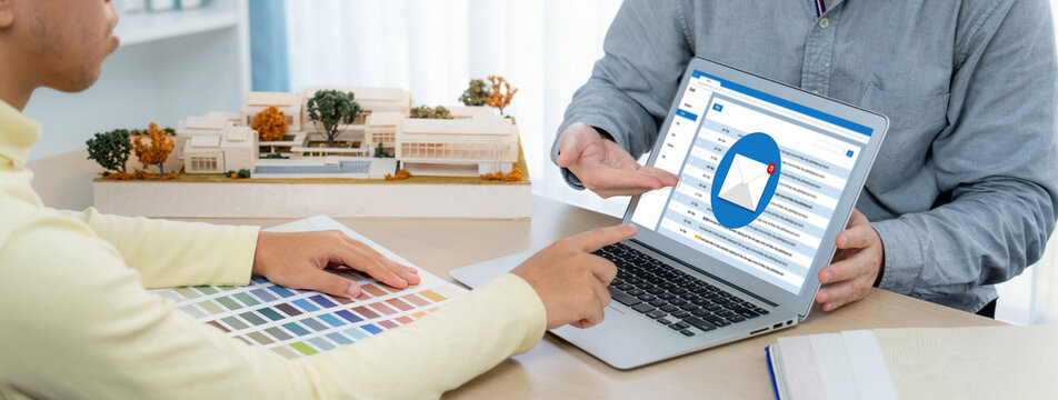 Email notification message showing on computer screen brisk. Digital marketing message information text from business to customer client