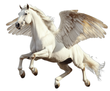 Majestic flying white pegasus with spread wings in mid - flight