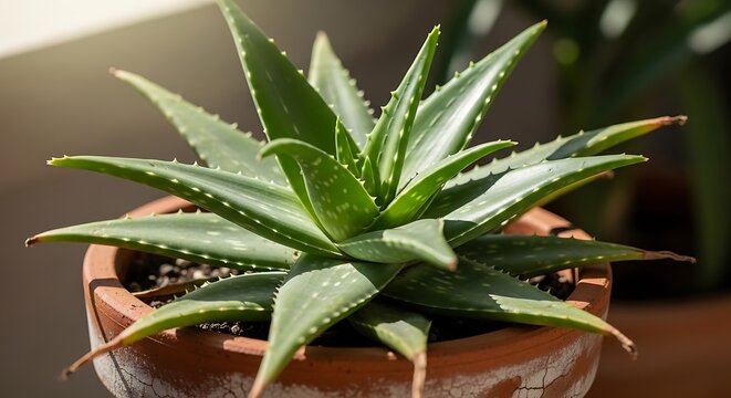 Closeup of a vibrant green aloe vera succulent plant with spiky leaves growing in a terracotta pot, illuminated by natural sunlight in a bright indoor setting, perfect for health and wellness themes