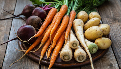 Root Vegetables on Wooden Board