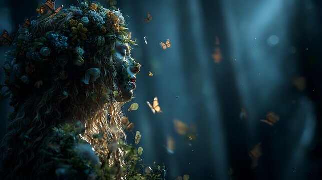 “A divine goddess of nature emerging from a glowing forest, her hair made of vines and flowers, surrounded by butterflies and mist, ethereal fine art realism, cinematic lighting 