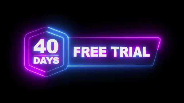 glowing neon 40 Days Free Trial Banner icon animation on black background. 40 days free trial label icon badge. 40 days free trial icon animation. Business products 40 days free trial offer video.