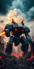 Obraz premium Massive mech amidst city ruins, guns blazing, apocalyptic storm clouds, menacing, action