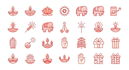 Set of colorful icons representing various cultural and festive elements like elephants, gifts, and hands