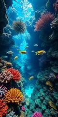 Obraz premium Underwater labyrinth fish swim through vibrant coral reef, ecosystem, wildlife