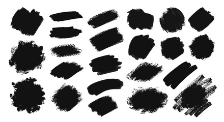Collection of black grunge paint brush strokes and smudges isolated on for artistic design element use