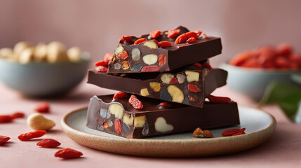 Homemade dark chocolate bars with goji berries and mixed nuts. Healthy superfood snack stacked on a rustic plate against a pink background