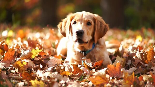 Golden Retriever dog playing in autumn leaves in park, joyful canine fun.