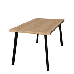 Contemporary dining table in loft style with black metal frame and wooden tabletop. Minimalist kitchen or dining room furniture on white background.