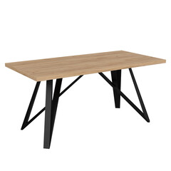 Contemporary dining table in loft style with black metal frame and wooden tabletop. Minimalist kitchen or dining room furniture on white background.