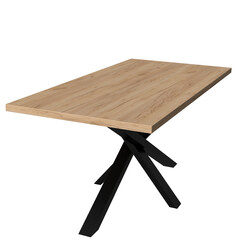 Contemporary dining table in loft style with black metal frame and wooden tabletop. Minimalist kitchen or dining room furniture on white background.