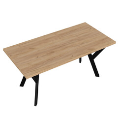 Contemporary dining table in loft style with black metal frame and wooden tabletop. Minimalist kitchen or dining room furniture on white background.