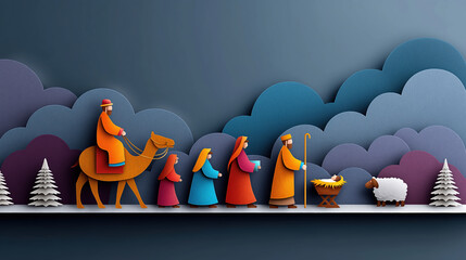 Nativity scene illustration in a layered papercraft style. Journey of the wise men to the manger with baby Jesus. Christian Christmas holiday background with copy space
