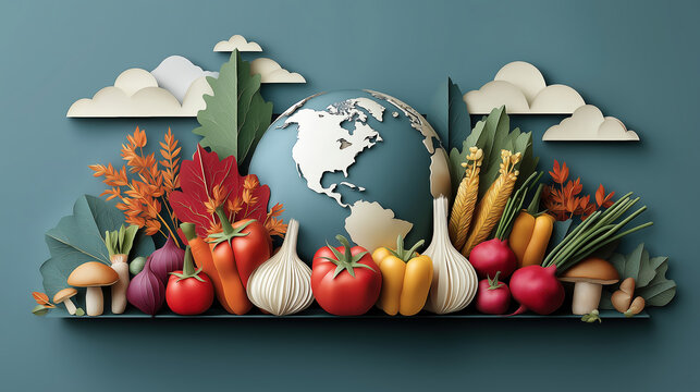 A papercraft illustration of fresh harvest vegetables in front of a world globe. World Food Day and global agriculture concept for healthy eating and sustainability - Powered by Adobe