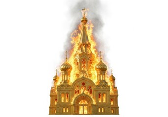 Obraz premium Golden orthodox church burning with intense flames and smoke