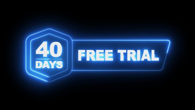 glowing neon 40 Days Free Trial Banner icon animation on black background. 40 days free trial label icon badge. 40 days free trial icon animation. Business products 40 days free trial offer video.