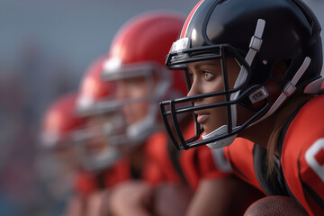 Close-up profile of a determined female football player ready for the game. A focused athlete in a helmet with her team lined up in the background